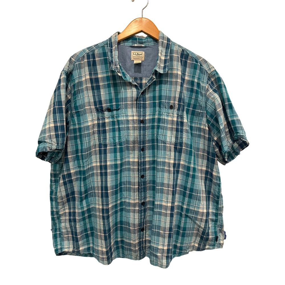 LL Bean Mens XXL Traditional Fit Plaid Short Sleeve Cotton Linen Shirt 517886